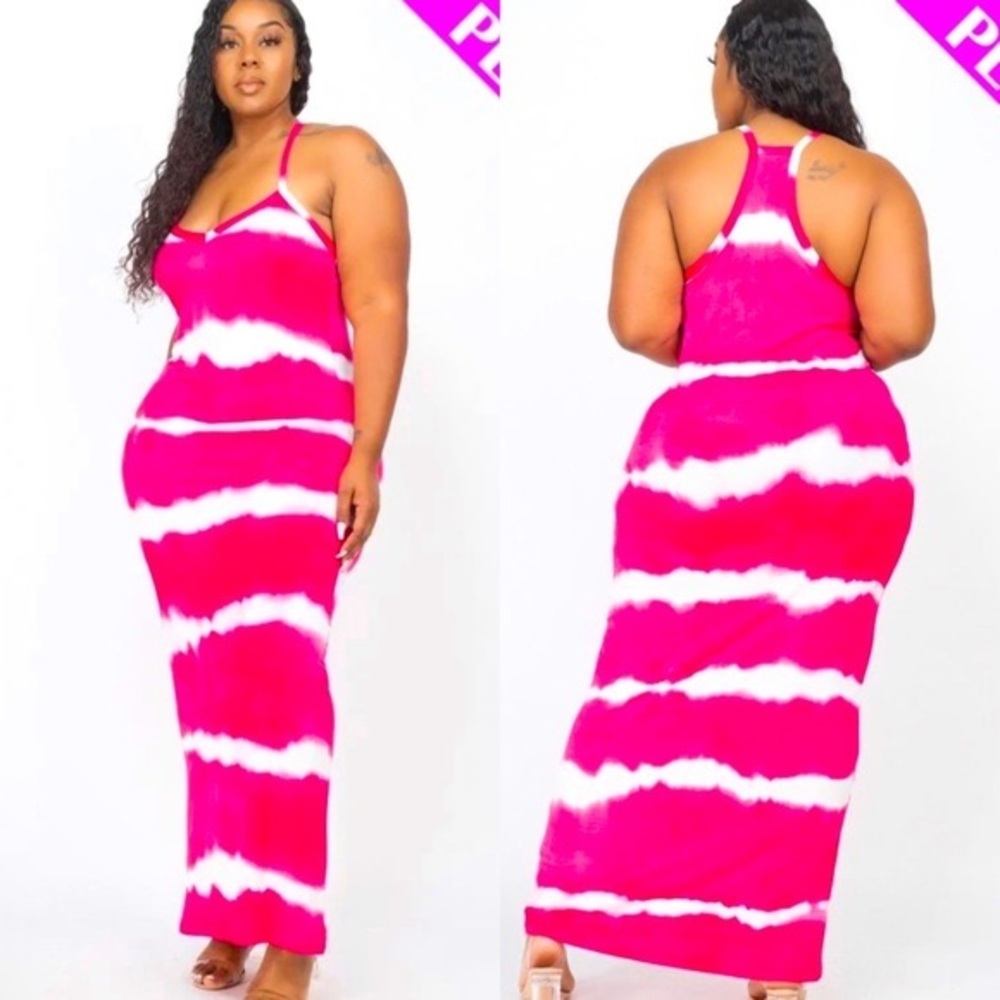 NEW ARRIVAL PLUS SIZE FUCHSIA STRIPE TIE DYE RACERBACK TANK TOP MAXI DRESS
